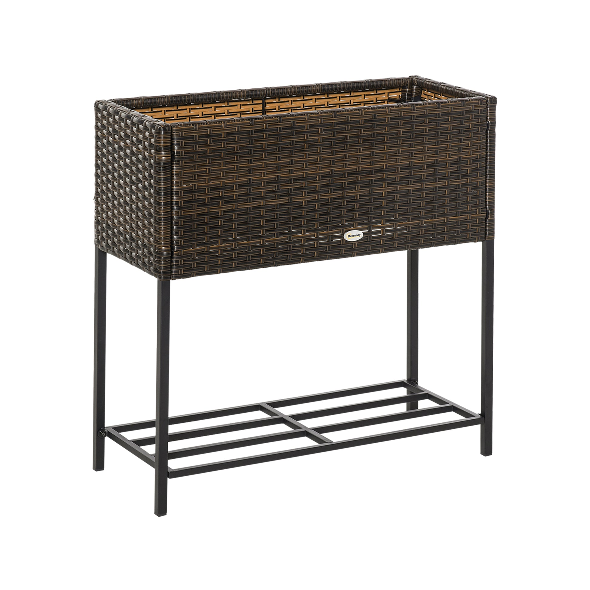 Raised Garden Bed, Wicker Planter with Shelf, Raised Flower Bed for Outdoor and Indoor, Brown (70cm x 30cm x 70cm)