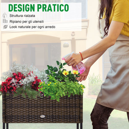 Raised Garden Bed, Wicker Planter with Shelf, Raised Flower Bed for Outdoor and Indoor, Brown (70cm x 30cm x 70cm)