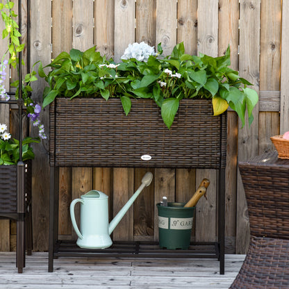 Raised Garden Bed, Wicker Planter with Shelf, Raised Flower Bed for Outdoor and Indoor, Brown (70cm x 30cm x 70cm)
