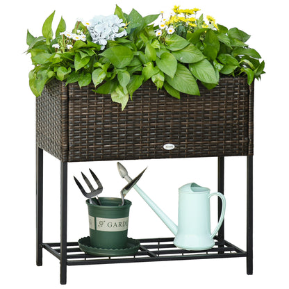 Raised Garden Bed, Wicker Planter with Shelf, Raised Flower Bed for Outdoor and Indoor, Brown (70cm x 30cm x 70cm)