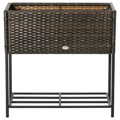Raised Garden Bed, Wicker Planter with Shelf, Raised Flower Bed for Outdoor and Indoor, Brown (70cm x 30cm x 70cm)