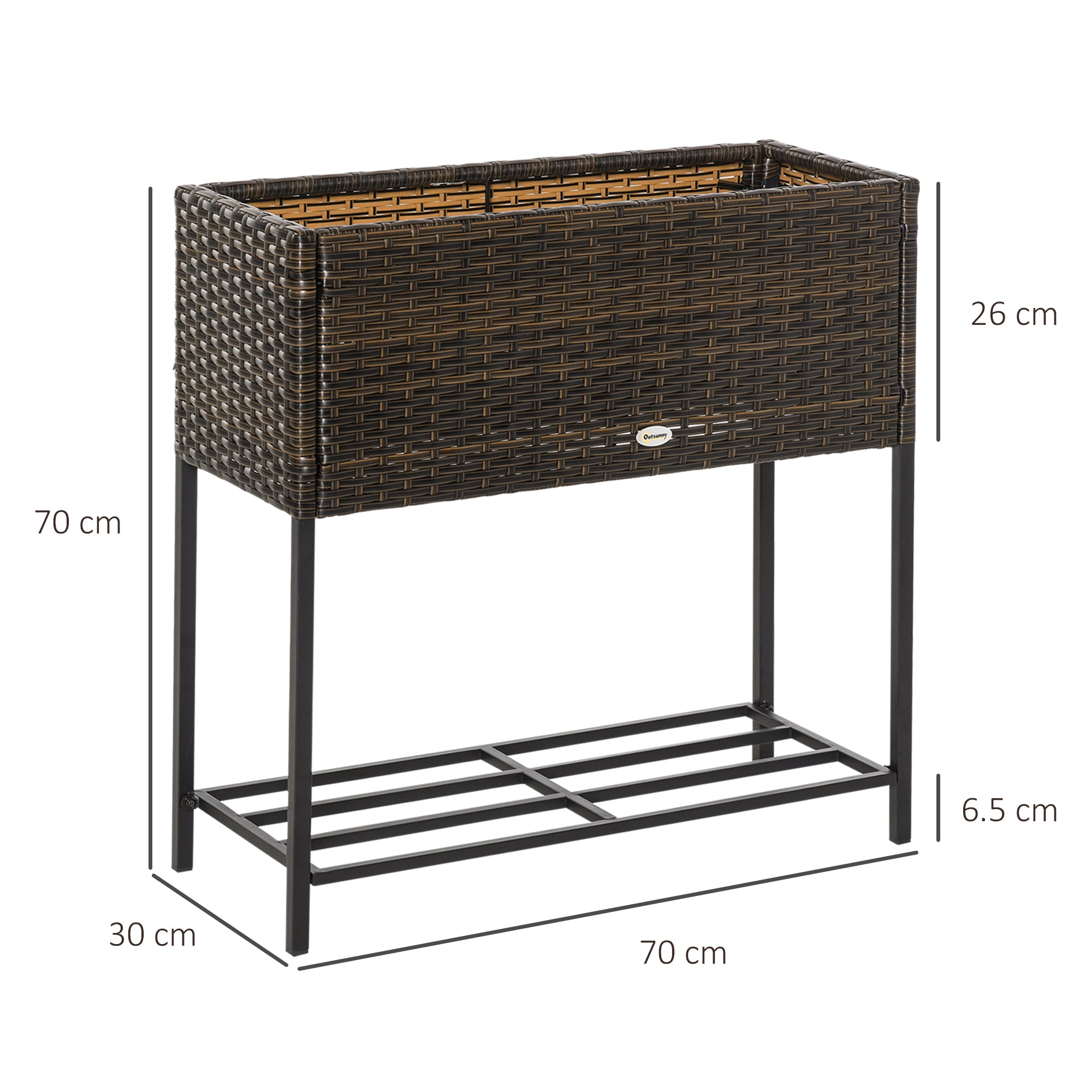 Raised Garden Bed, Wicker Planter with Shelf, Raised Flower Bed for Outdoor and Indoor, Brown (70cm x 30cm x 70cm)
