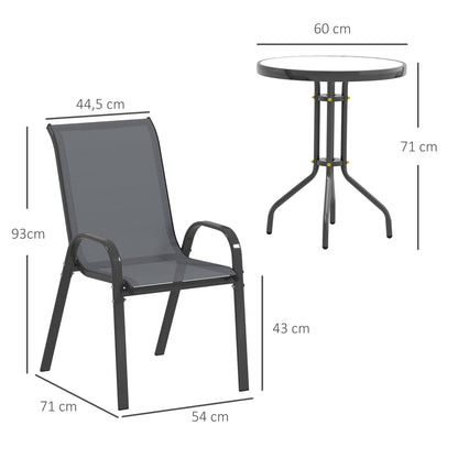3-Piece Weather-Resistant Bistro Patio Set with Glass Table and Stackable Chairs — Dark Gray