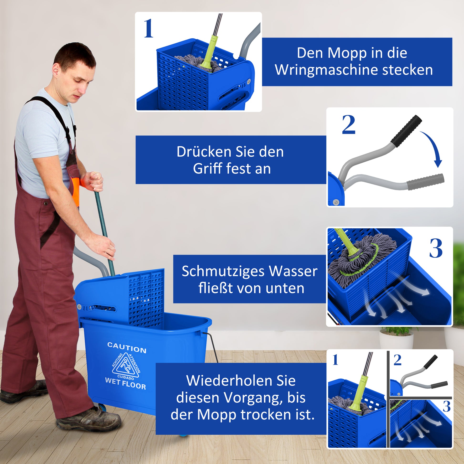 Cleaning Cart with Mop Press 20 L Bucket with Separator for Building Cleaning Hotel Blue