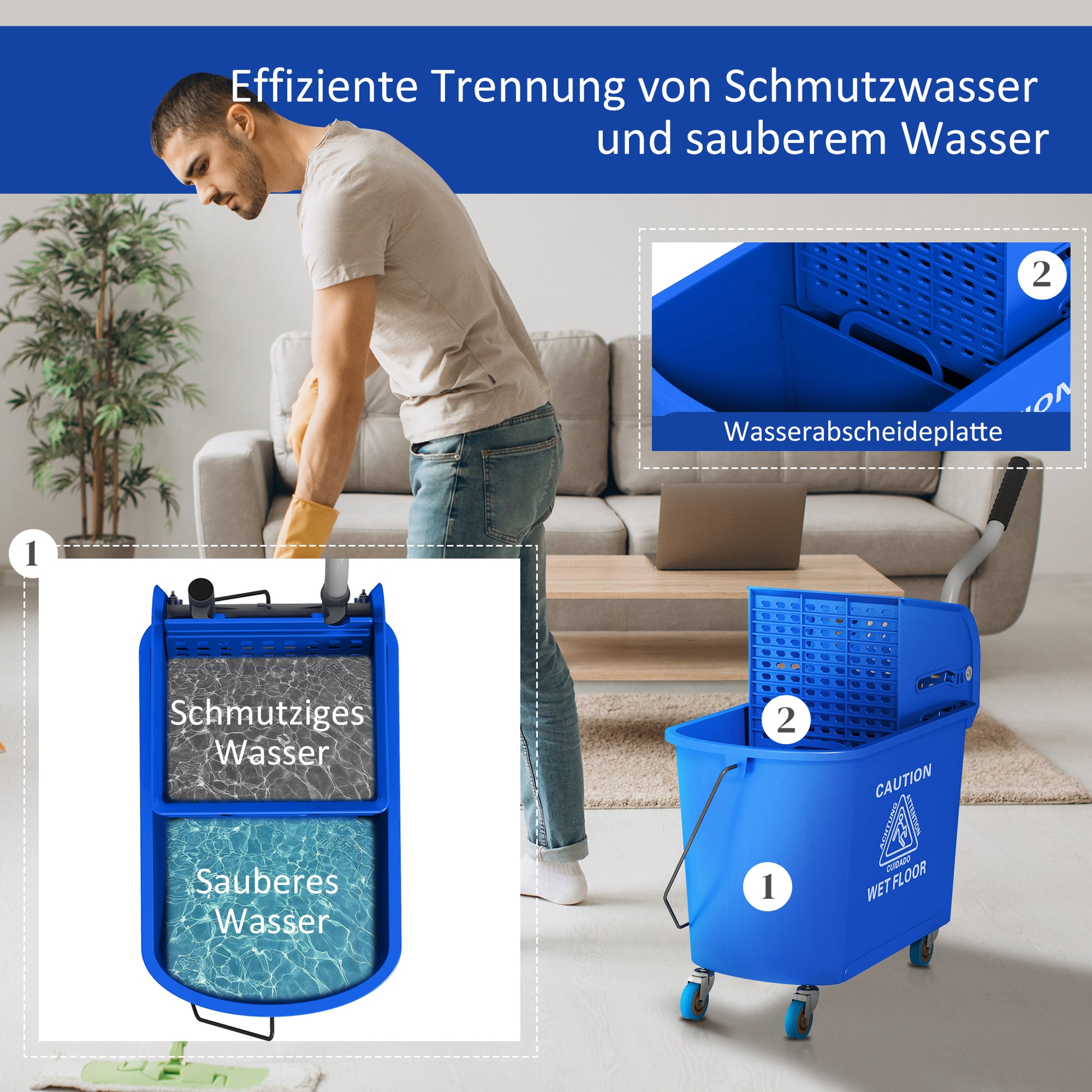 Cleaning Cart with Mop Press 20 L Bucket with Separator for Building Cleaning Hotel Blue