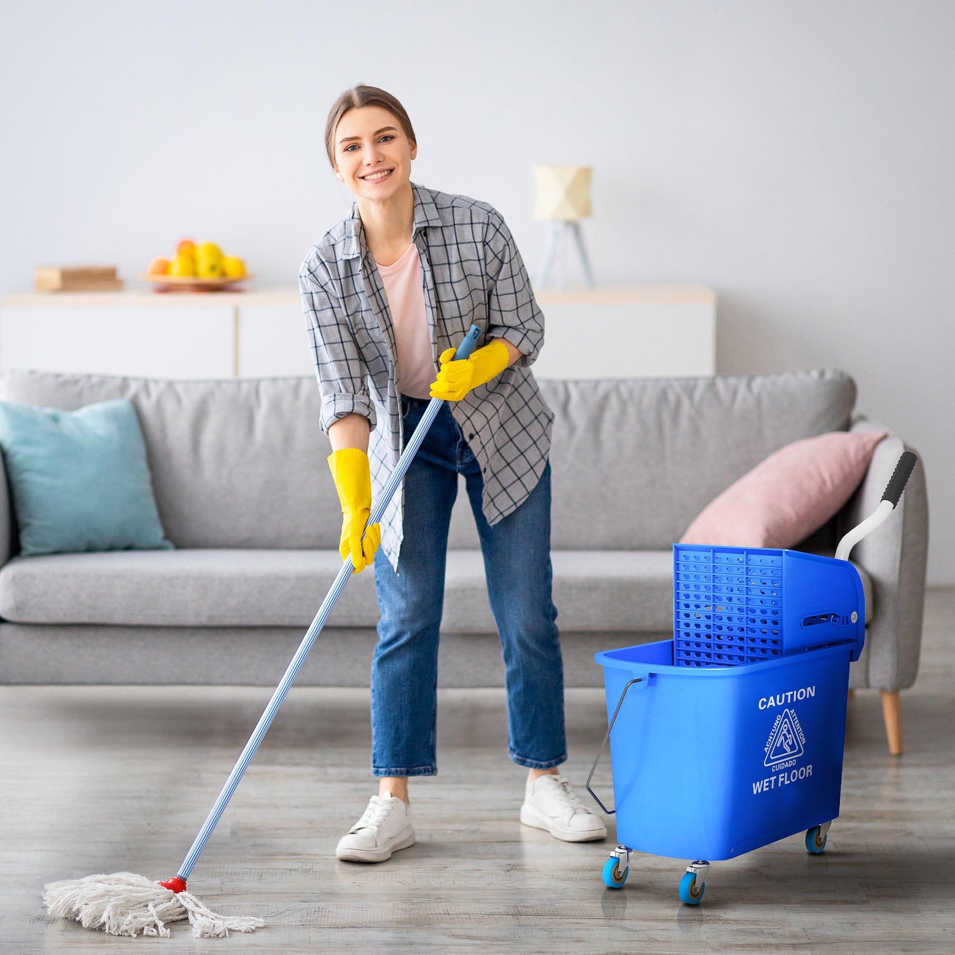 Cleaning Cart with Mop Press 20 L Bucket with Separator for Building Cleaning Hotel Blue