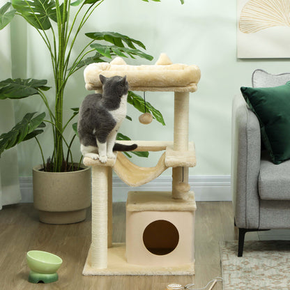 Cat Tree 90 cm Scratching Post with Hammock Play Tree Cat Cave Platforms Climbing Tree Cat Scratching Post Activity Scratching Tree Plush Sisal Cream