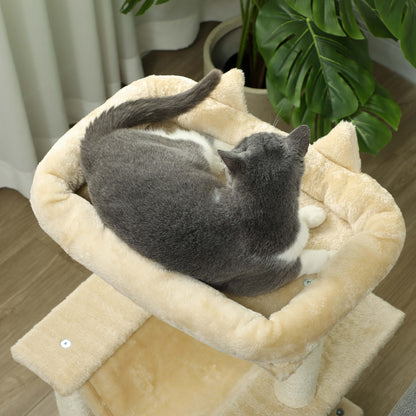 Cat Tree 90 cm Scratching Post with Hammock Play Tree Cat Cave Platforms Climbing Tree Cat Scratching Post Activity Scratching Tree Plush Sisal Cream
