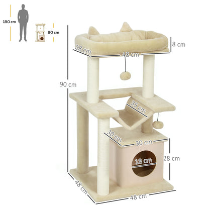 Cat Tree 90 cm Scratching Post with Hammock Play Tree Cat Cave Platforms Climbing Tree Cat Scratching Post Activity Scratching Tree Plush Sisal Cream