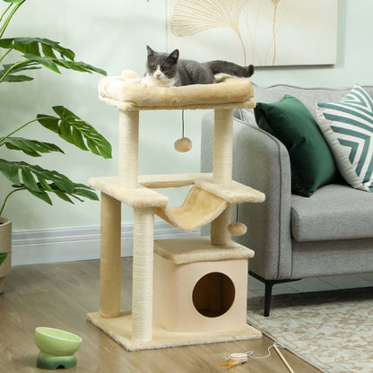 Cat Tree 90 cm Scratching Post with Hammock Play Tree Cat Cave Platforms Climbing Tree Cat Scratching Post Activity Scratching Tree Plush Sisal Cream