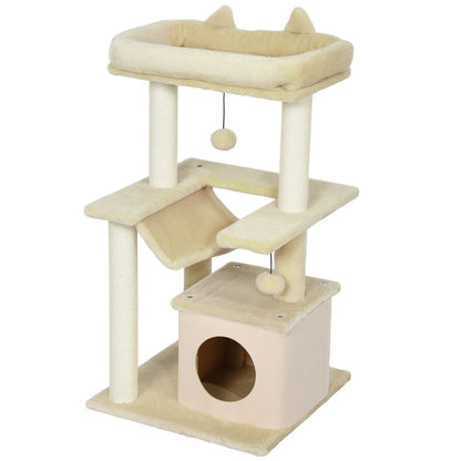 Cat Tree 90 cm Scratching Post with Hammock Play Tree Cat Cave Platforms Climbing Tree Cat Scratching Post Activity Scratching Tree Plush Sisal Cream