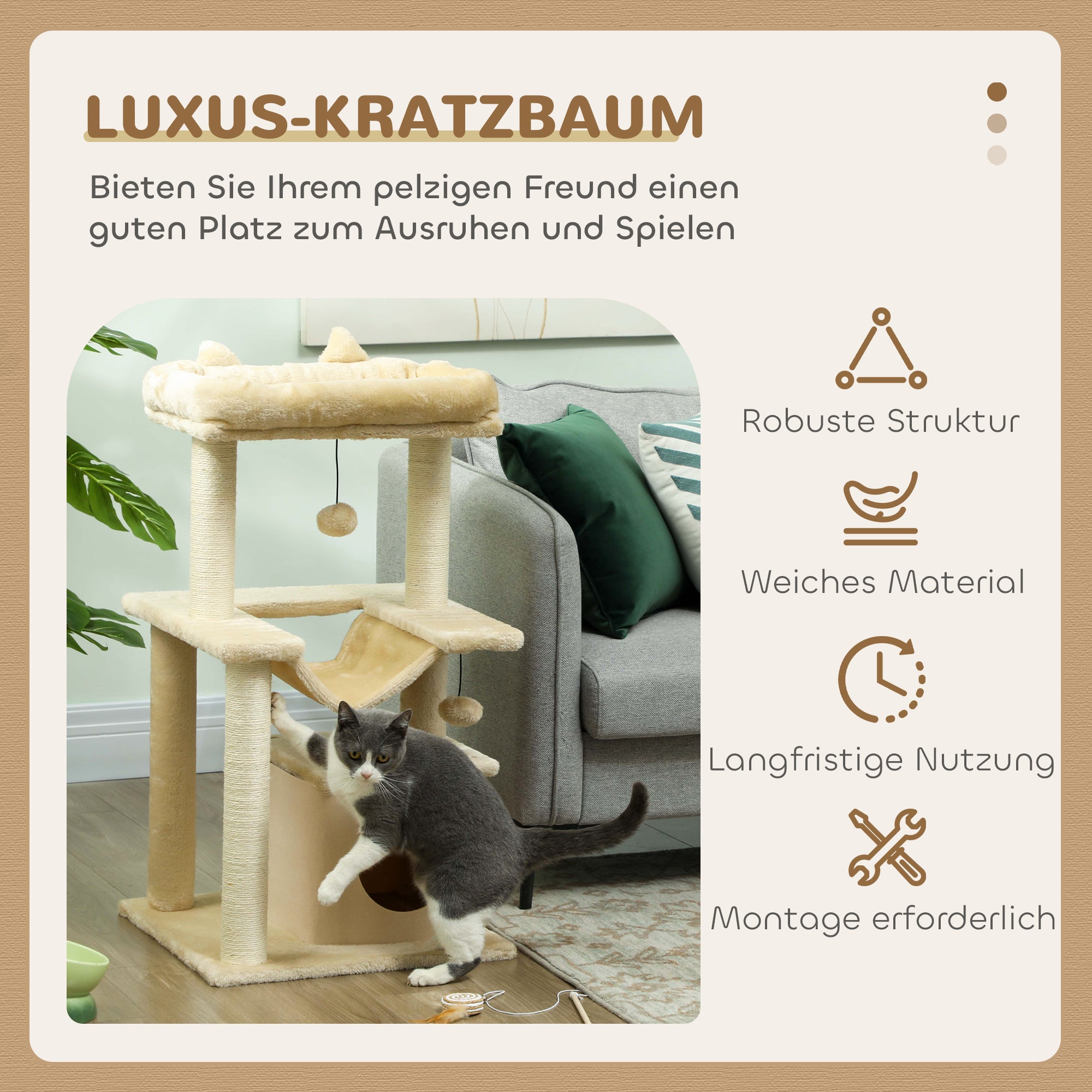 Cat Tree 90 cm Scratching Post with Hammock Play Tree Cat Cave Platforms Climbing Tree Cat Scratching Post Activity Scratching Tree Plush Sisal Cream