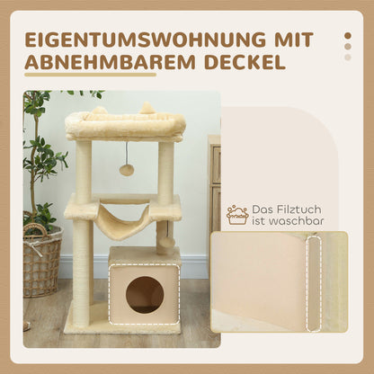 Cat Tree 90 cm Scratching Post with Hammock Play Tree Cat Cave Platforms Climbing Tree Cat Scratching Post Activity Scratching Tree Plush Sisal Cream