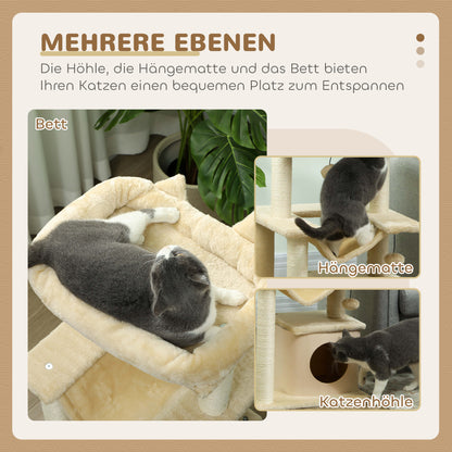 Cat Tree 90 cm Scratching Post with Hammock Play Tree Cat Cave Platforms Climbing Tree Cat Scratching Post Activity Scratching Tree Plush Sisal Cream