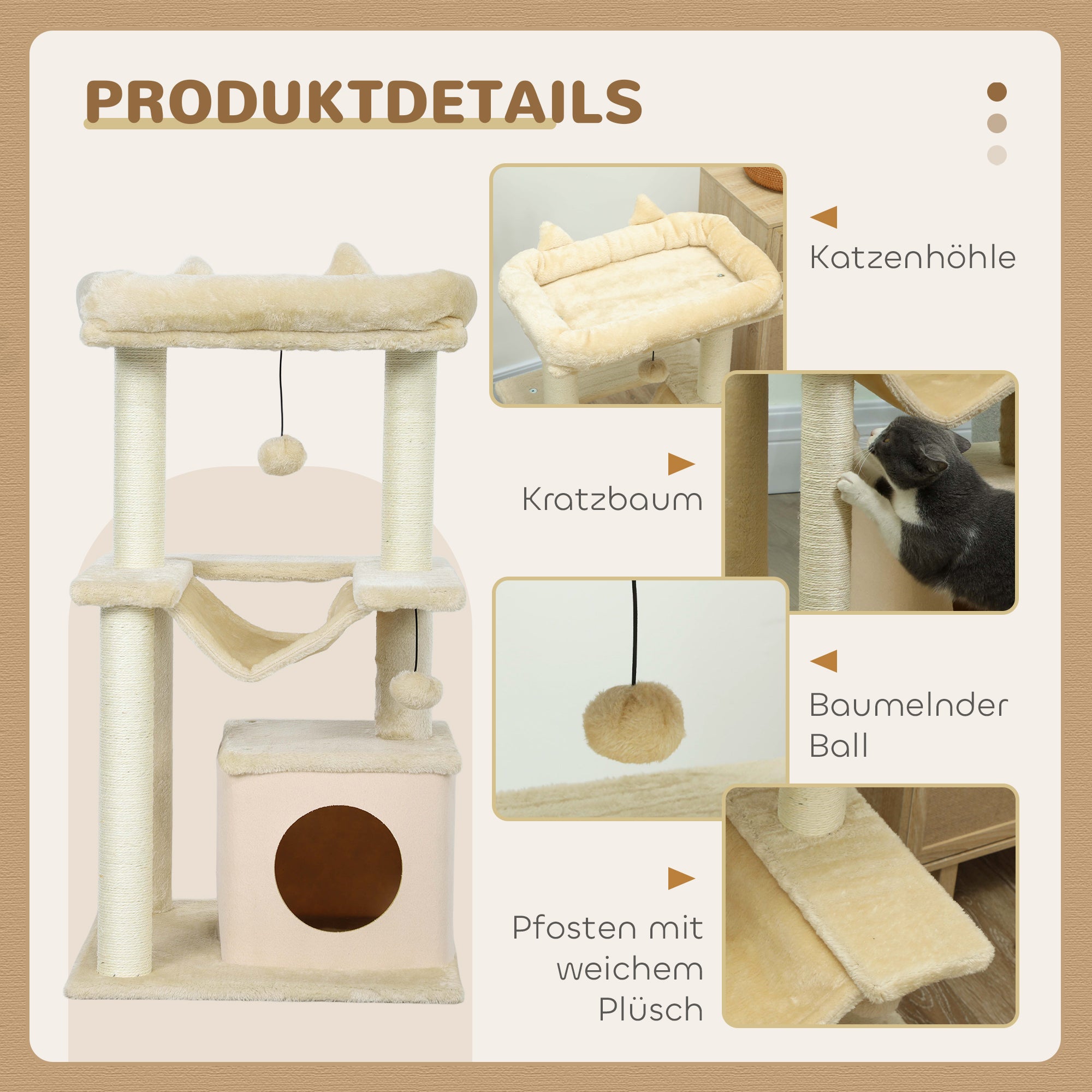 Cat Tree 90 cm Scratching Post with Hammock Play Tree Cat Cave Platforms Climbing Tree Cat Scratching Post Activity Scratching Tree Plush Sisal Cream