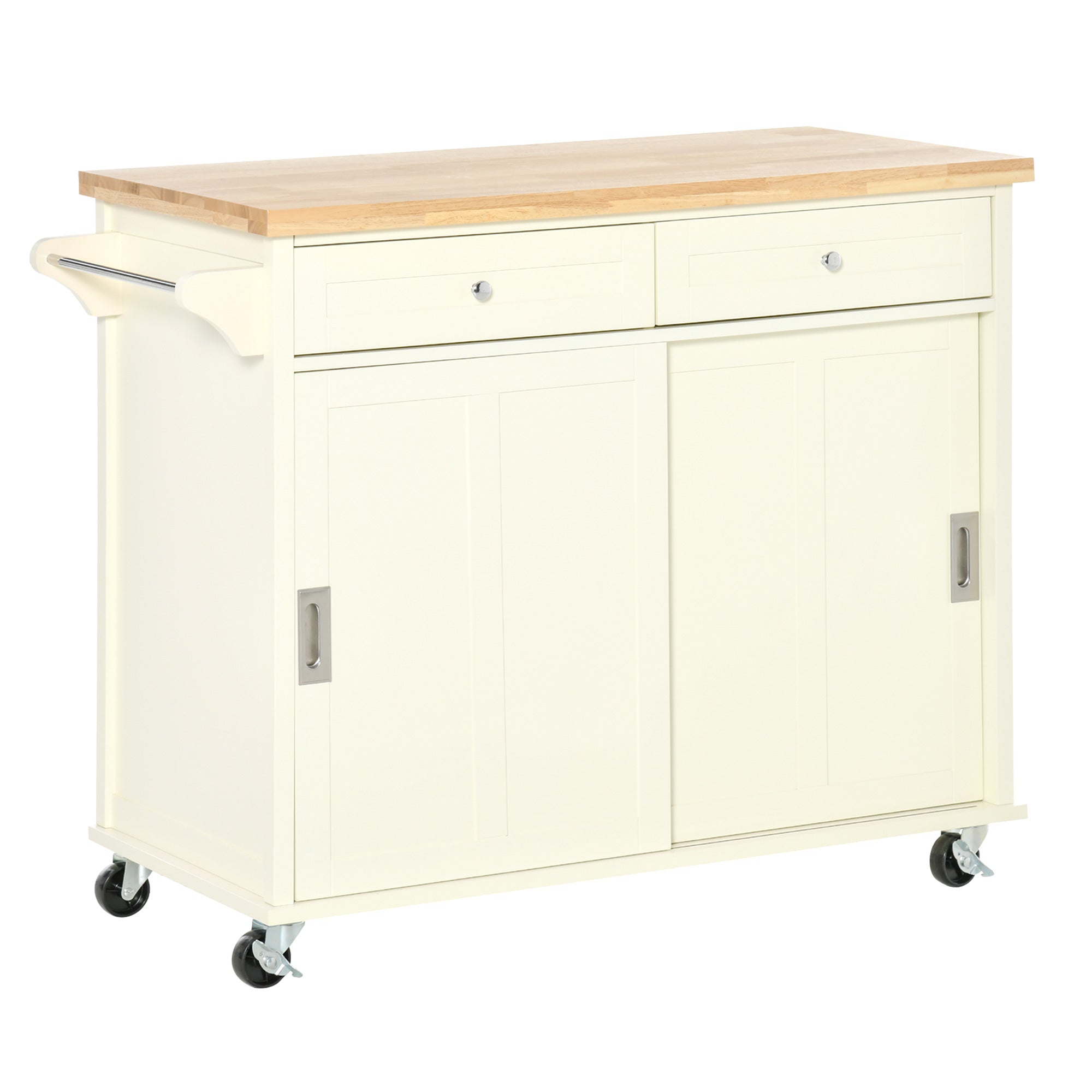 Kitchen Cart Service Trolley Multifunctional with Wheels 2 Sliding Doors 2 Drawers and Hanging Bar 110x49.5x89.5 cm Cream