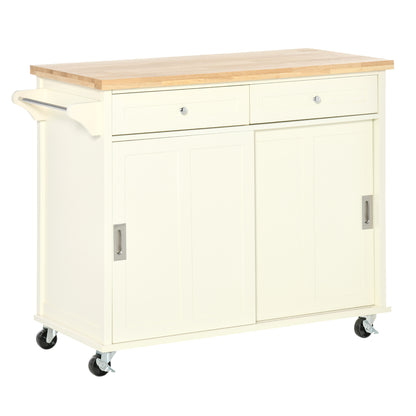 Kitchen Cart Service Trolley Multifunctional with Wheels 2 Sliding Doors 2 Drawers and Hanging Bar 110x49.5x89.5 cm Cream