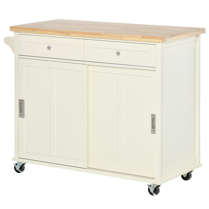 Kitchen Cart Service Trolley Multifunctional with Wheels 2 Sliding Doors 2 Drawers and Hanging Bar 110x49.5x89.5 cm Cream