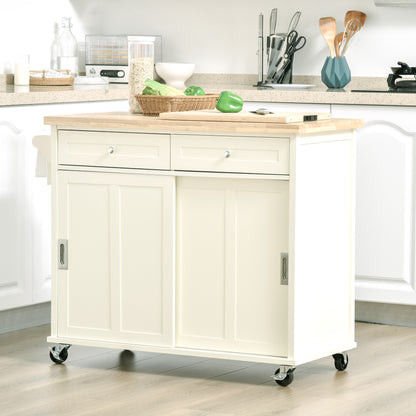 Kitchen Cart Service Trolley Multifunctional with Wheels 2 Sliding Doors 2 Drawers and Hanging Bar 110x49.5x89.5 cm Cream