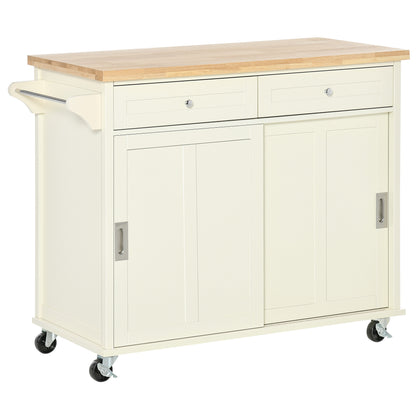 Kitchen Cart Service Trolley Multifunctional with Wheels 2 Sliding Doors 2 Drawers and Hanging Bar 110x49.5x89.5 cm Cream