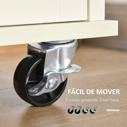 Kitchen Cart Service Trolley Multifunctional with Wheels 2 Sliding Doors 2 Drawers and Hanging Bar 110x49.5x89.5 cm Cream