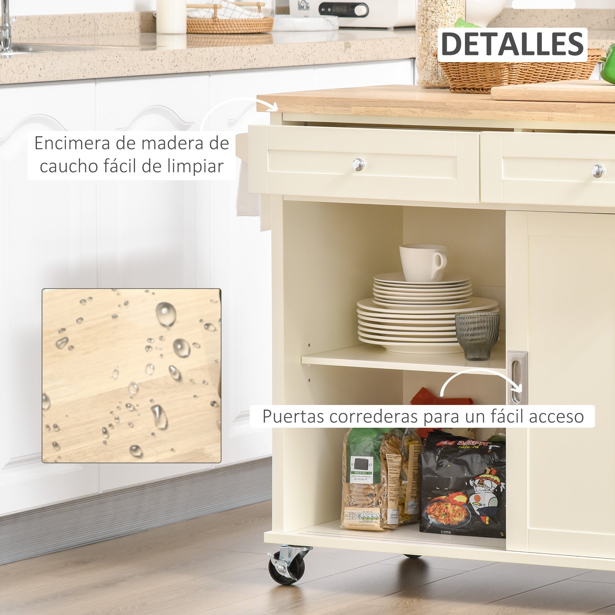 Kitchen Cart Service Trolley Multifunctional with Wheels 2 Sliding Doors 2 Drawers and Hanging Bar 110x49.5x89.5 cm Cream