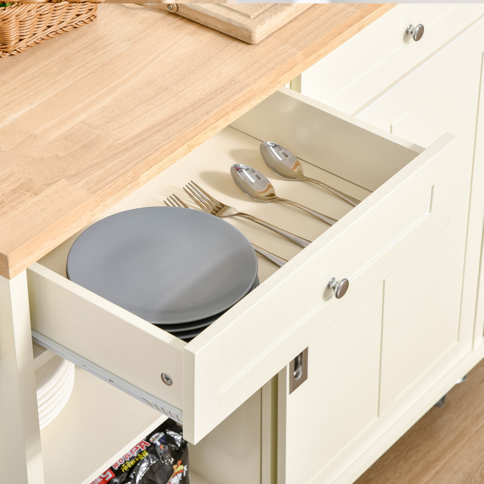 Kitchen Cart Service Trolley Multifunctional with Wheels 2 Sliding Doors 2 Drawers and Hanging Bar 110x49.5x89.5 cm Cream
