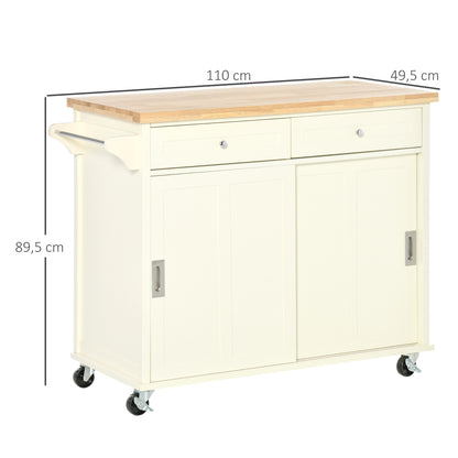 Kitchen Cart Service Trolley Multifunctional with Wheels 2 Sliding Doors 2 Drawers and Hanging Bar 110x49.5x89.5 cm Cream