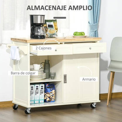 Kitchen Cart Service Trolley Multifunctional with Wheels 2 Sliding Doors 2 Drawers and Hanging Bar 110x49.5x89.5 cm Cream
