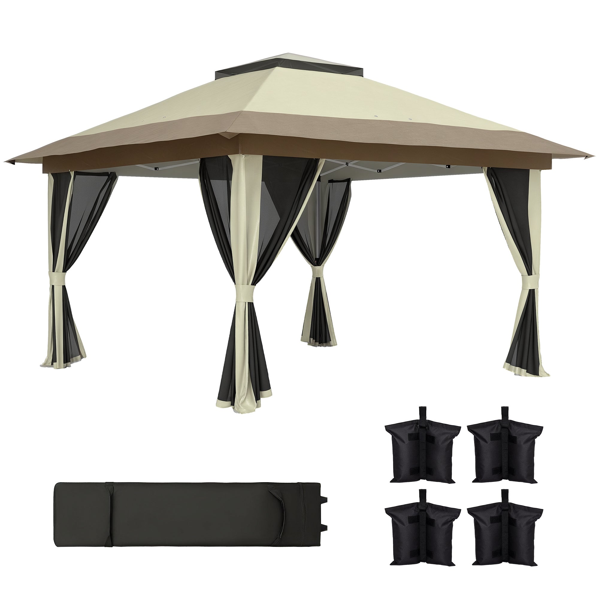 Folding Gazebo 3.6x3.6m Pop-Up Canopy with 4 Mesh Side Walls Anti-UV Adjustable Height Sand Bags and Carry Bag for Camping Parties Cream