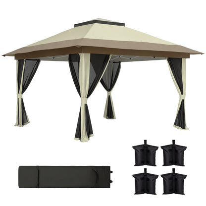 Folding Gazebo 3.6x3.6m Pop-Up Canopy with 4 Mesh Side Walls Anti-UV Adjustable Height Sand Bags and Carry Bag for Camping Parties Cream