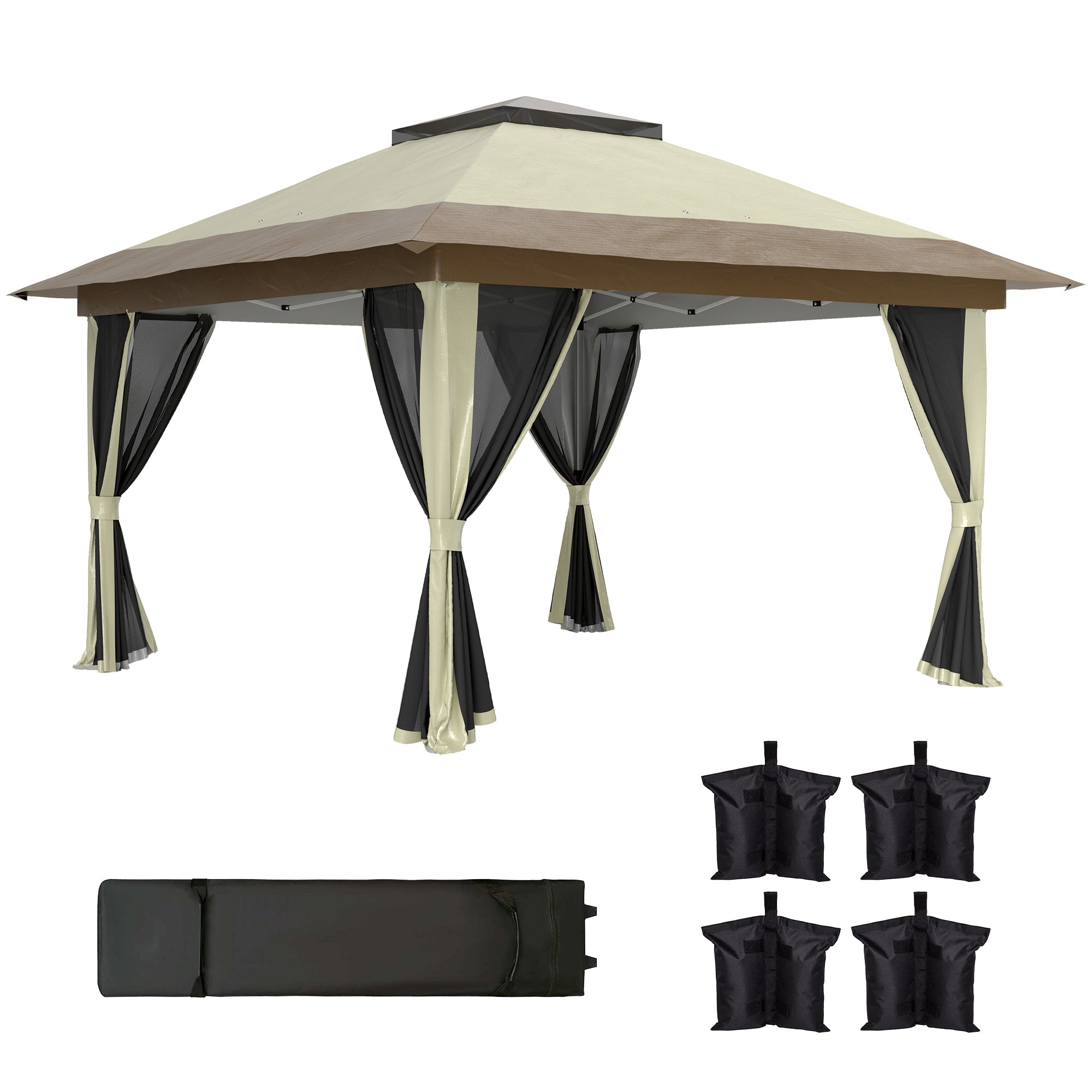Folding Gazebo 3.6x3.6m Pop-Up Canopy with 4 Mesh Side Walls Anti-UV Adjustable Height Sand Bags and Carry Bag for Camping Parties Cream