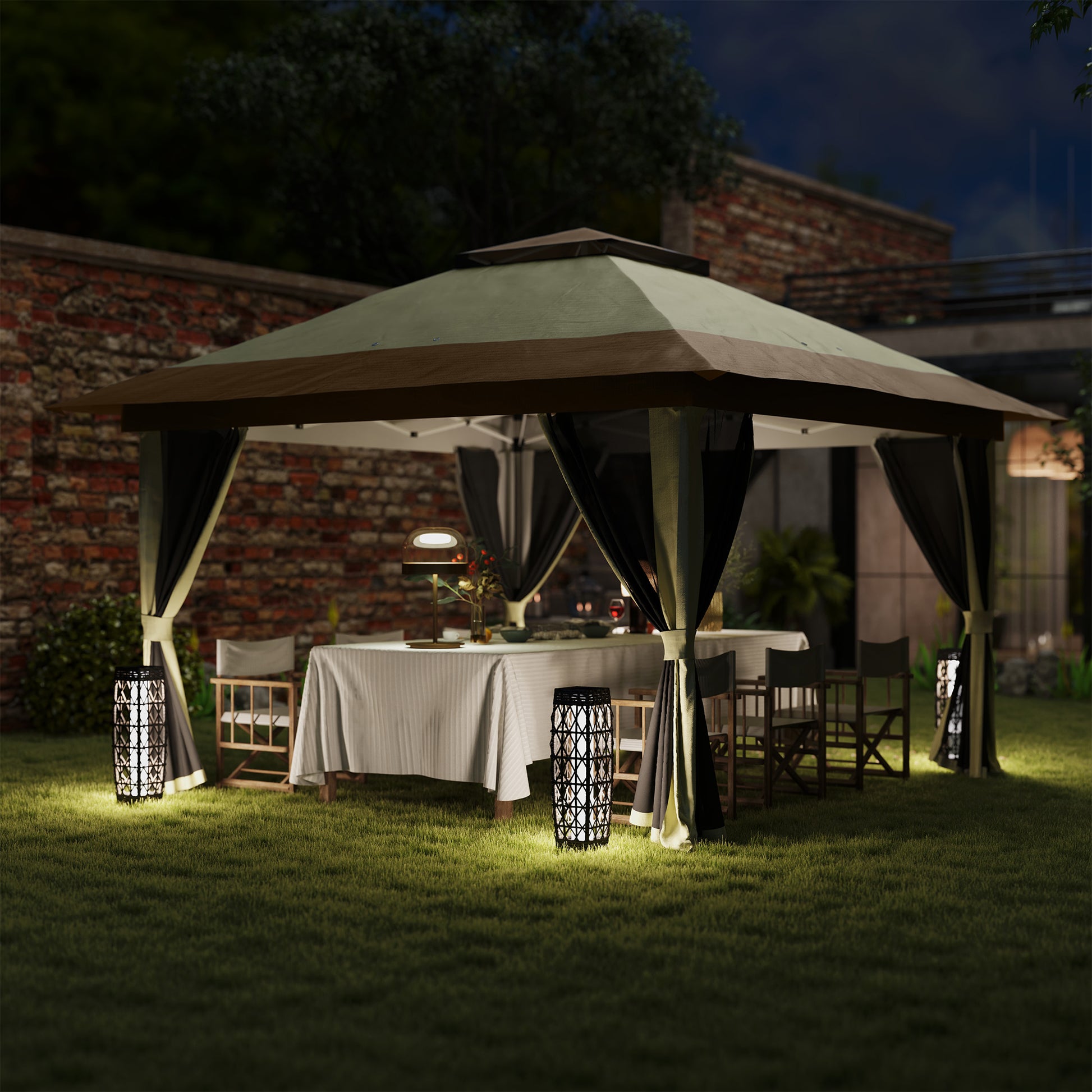 Folding Gazebo 3.6x3.6m Pop-Up Canopy with 4 Mesh Side Walls Anti-UV Adjustable Height Sand Bags and Carry Bag for Camping Parties Cream