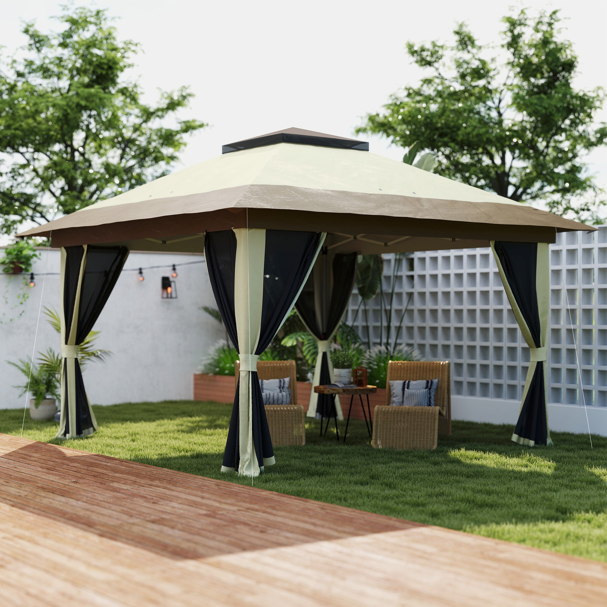 Folding Gazebo 3.6x3.6m Pop-Up Canopy with 4 Mesh Side Walls Anti-UV Adjustable Height Sand Bags and Carry Bag for Camping Parties Cream