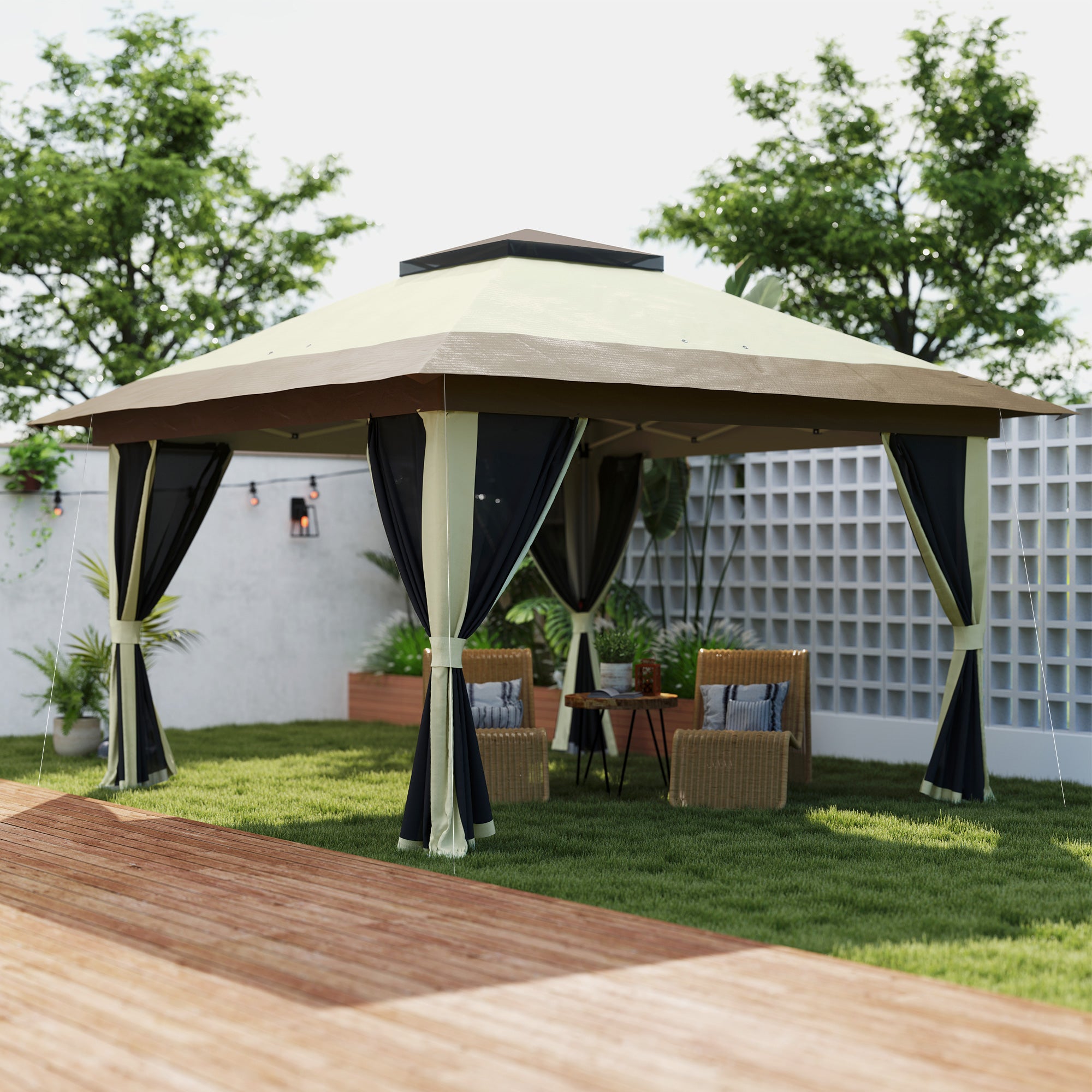 Folding Gazebo 3.6x3.6m Pop-Up Canopy with 4 Mesh Side Walls Anti-UV Adjustable Height Sand Bags and Carry Bag for Camping Parties Cream