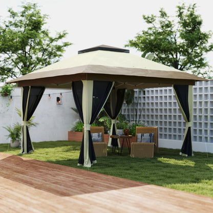 Folding Gazebo 3.6x3.6m Pop-Up Canopy with 4 Mesh Side Walls Anti-UV Adjustable Height Sand Bags and Carry Bag for Camping Parties Cream