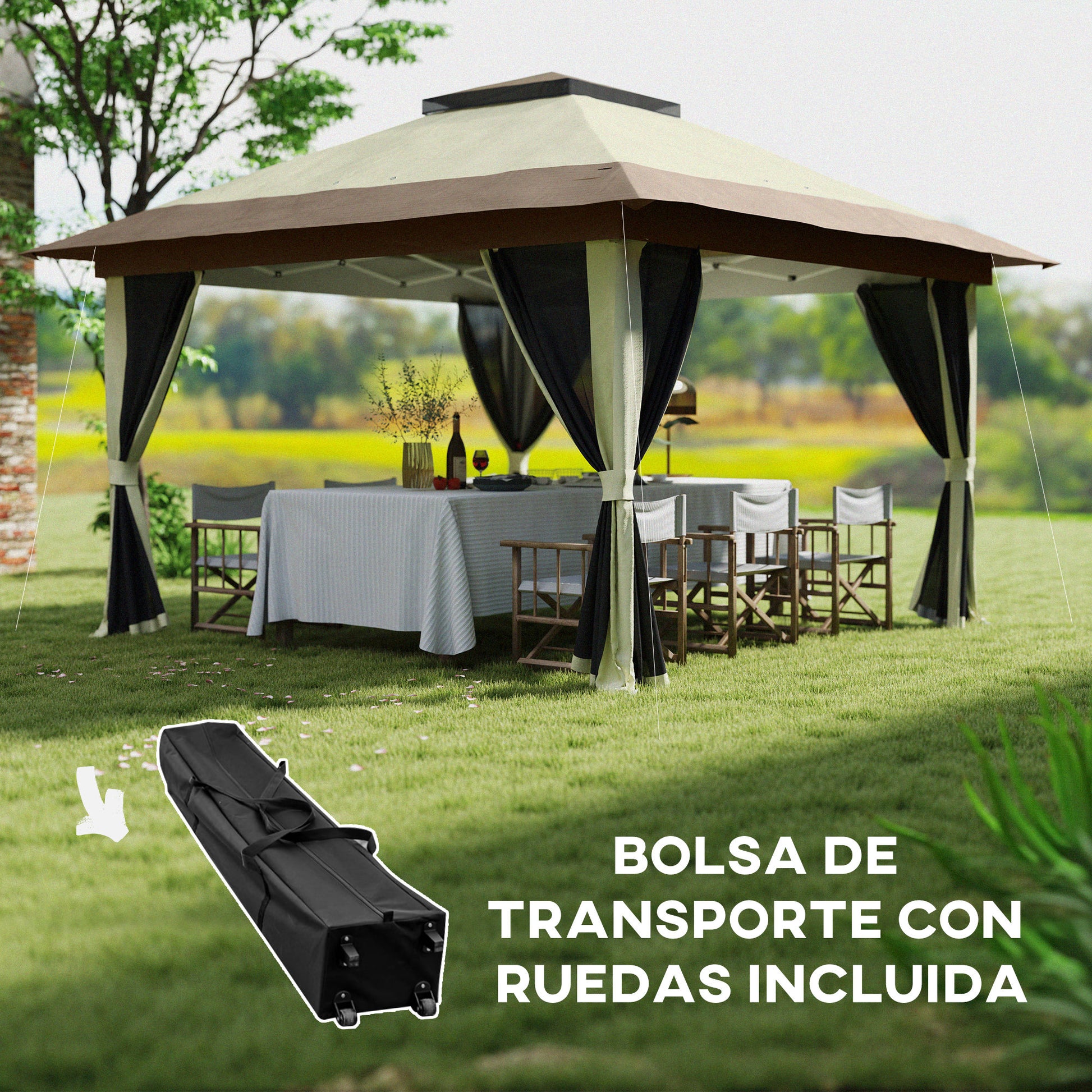 Folding Gazebo 3.6x3.6m Pop-Up Canopy with 4 Mesh Side Walls Anti-UV Adjustable Height Sand Bags and Carry Bag for Camping Parties Cream