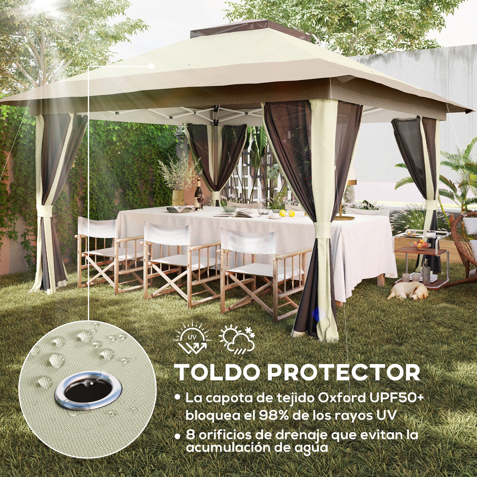 Folding Gazebo 3.6x3.6m Pop-Up Canopy with 4 Mesh Side Walls Anti-UV Adjustable Height Sand Bags and Carry Bag for Camping Parties Cream