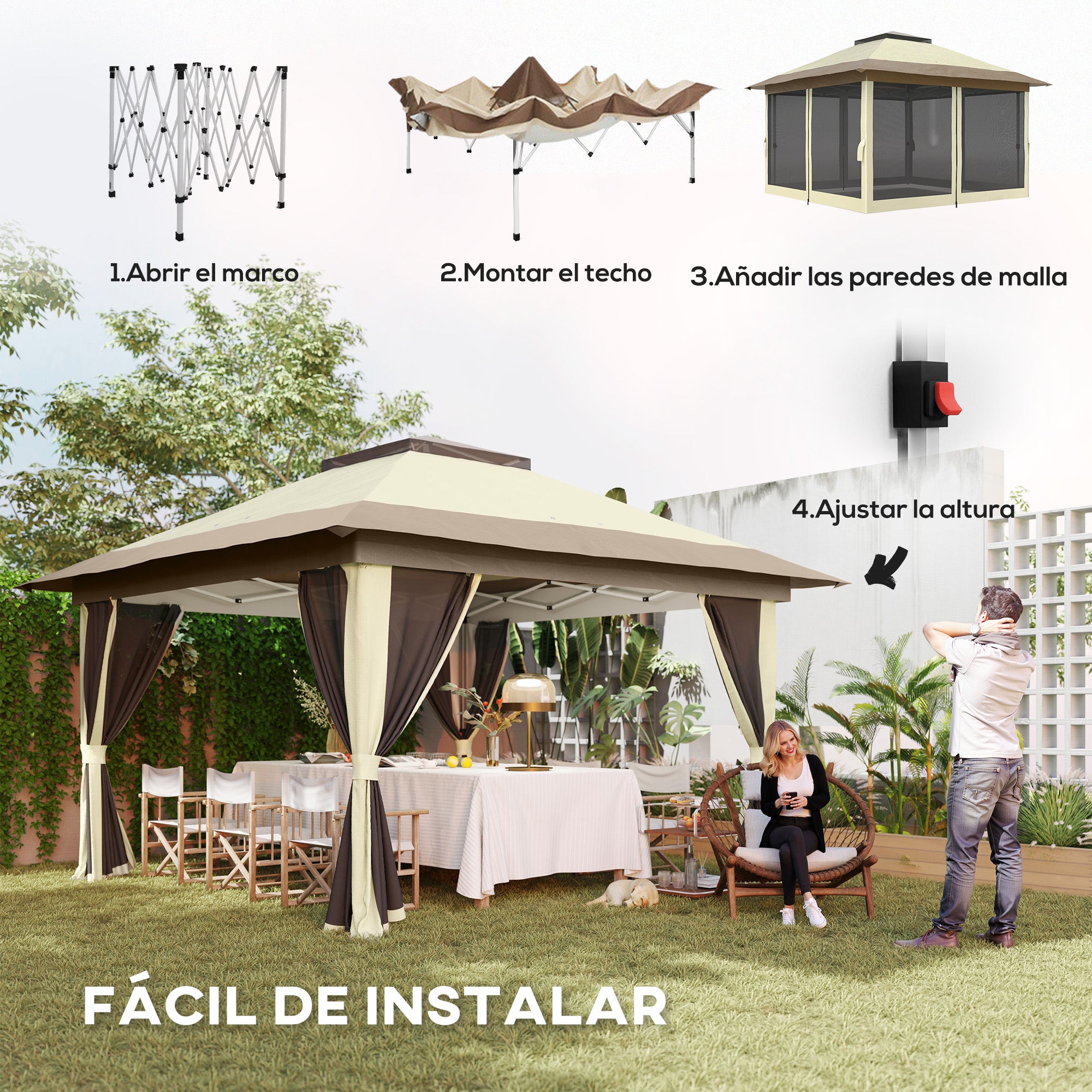 Folding Gazebo 3.6x3.6m Pop-Up Canopy with 4 Mesh Side Walls Anti-UV Adjustable Height Sand Bags and Carry Bag for Camping Parties Cream