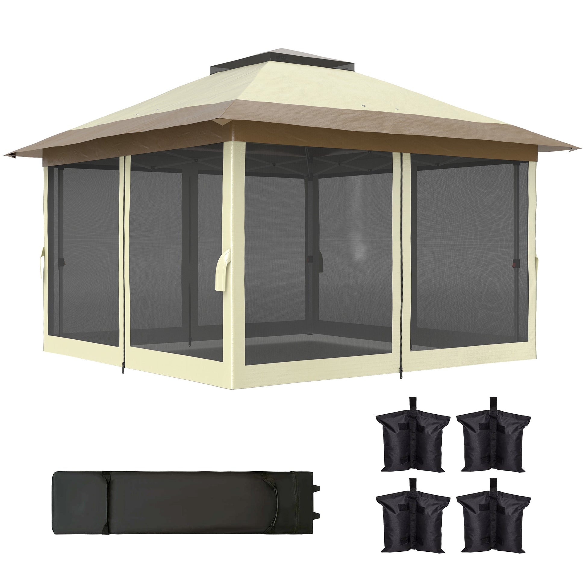 Folding Gazebo 3.6x3.6m Pop-Up Canopy with 4 Mesh Side Walls Anti-UV Adjustable Height Sand Bags and Carry Bag for Camping Parties Cream