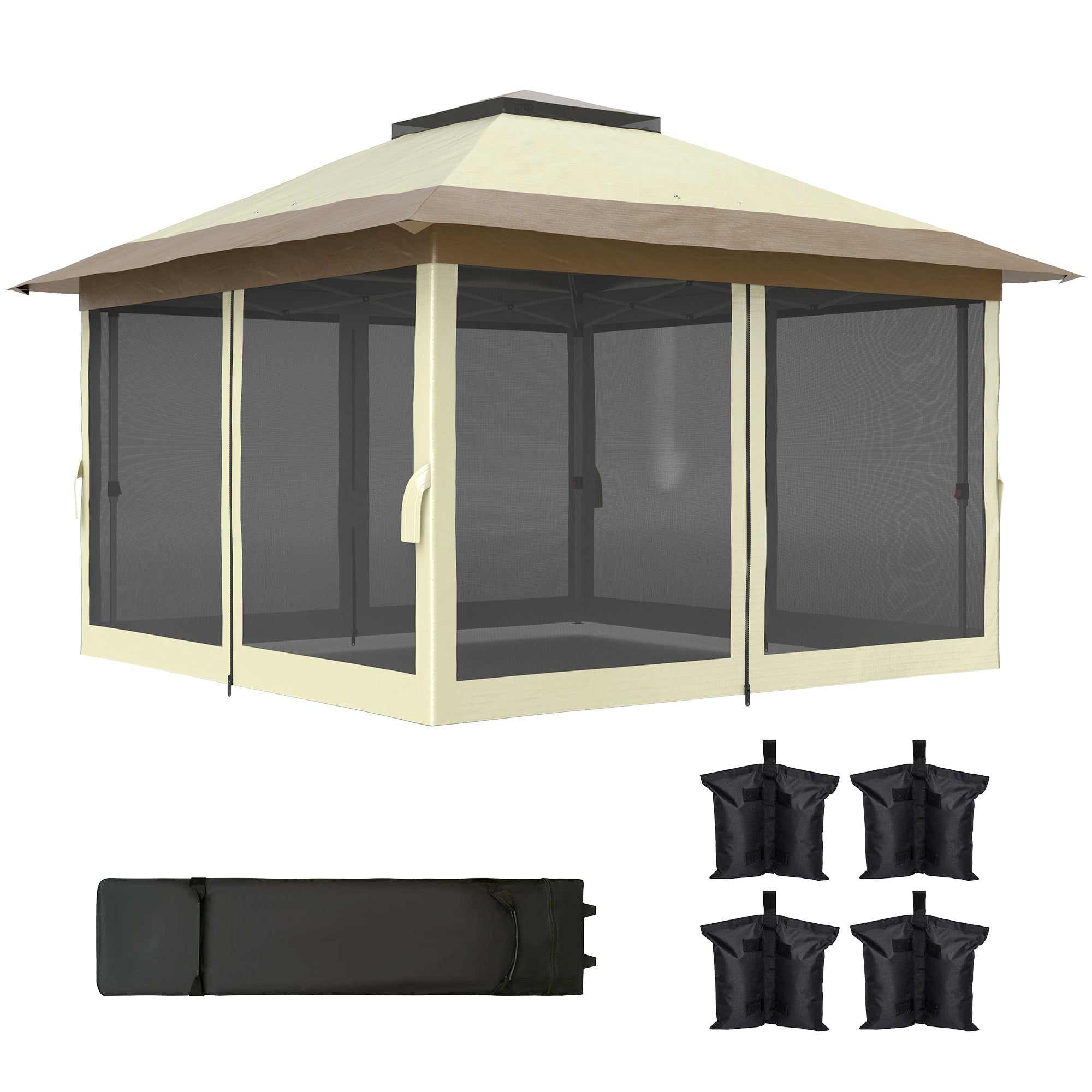 Folding Gazebo 3.6x3.6m Pop-Up Canopy with 4 Mesh Side Walls Anti-UV Adjustable Height Sand Bags and Carry Bag for Camping Parties Cream