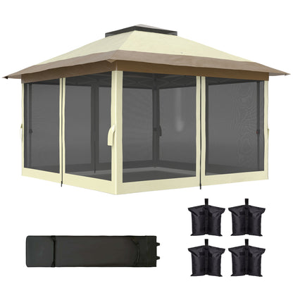 Folding Gazebo 3.6x3.6m Pop-Up Canopy with 4 Mesh Side Walls Anti-UV Adjustable Height Sand Bags and Carry Bag for Camping Parties Cream