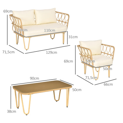 4-Piece Garden Lounge Set 2-Seater Sofa + 2 Armchairs + 1 Coffee Table with Tempered Glass Top 7 Cushions - Metal and Rattan - Ecru