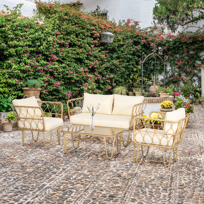 4-Piece Garden Lounge Set 2-Seater Sofa + 2 Armchairs + 1 Coffee Table with Tempered Glass Top 7 Cushions - Metal and Rattan - Ecru