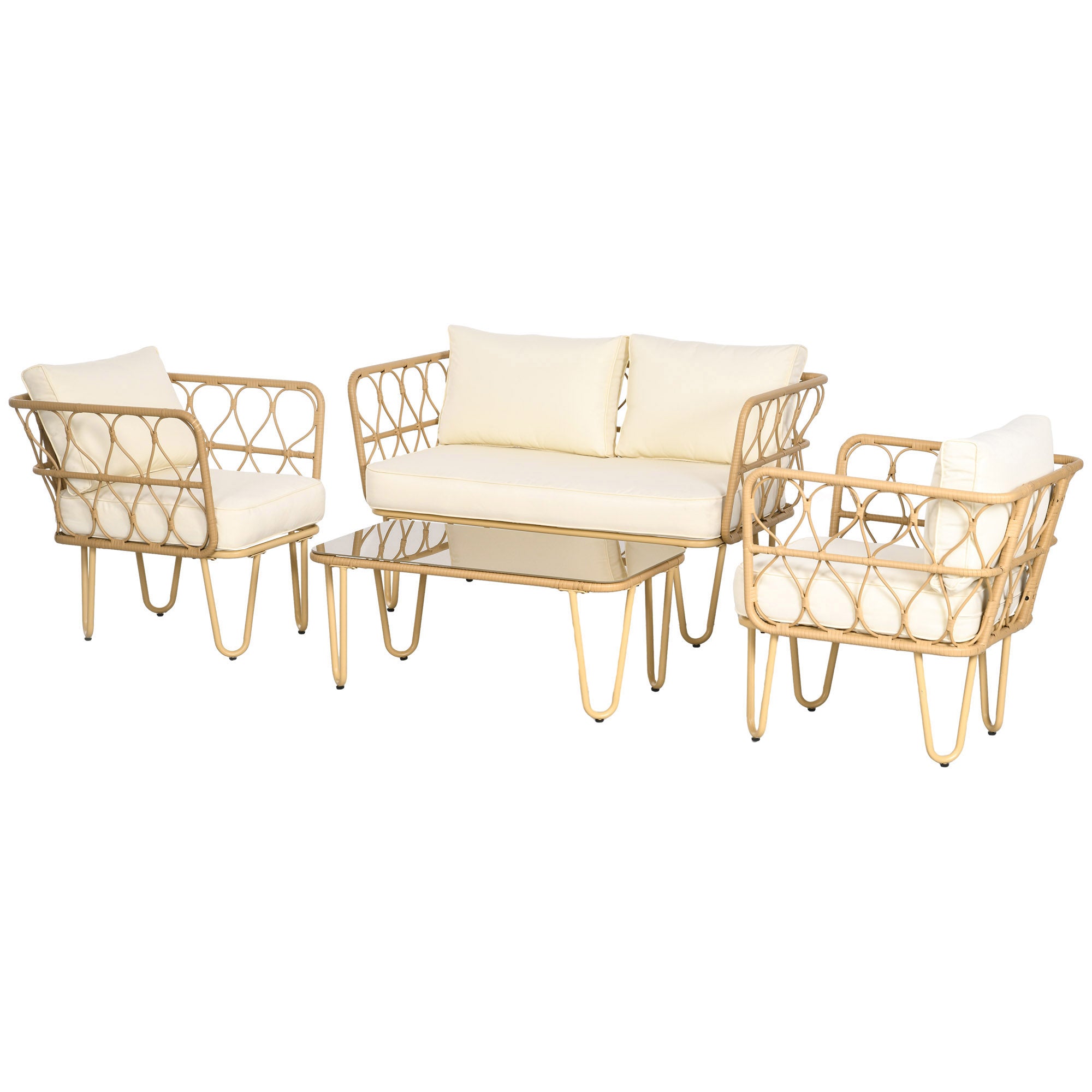 4-Piece Garden Lounge Set 2-Seater Sofa + 2 Armchairs + 1 Coffee Table with Tempered Glass Top 7 Cushions - Metal and Rattan - Ecru