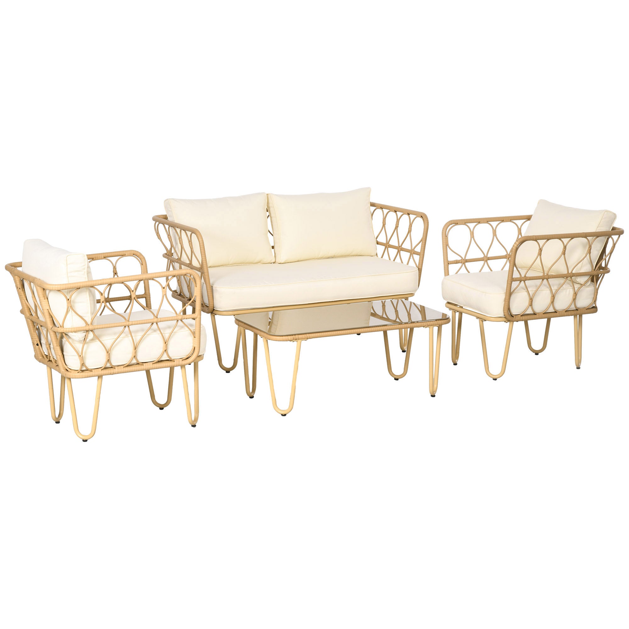 4-Piece Garden Lounge Set 2-Seater Sofa + 2 Armchairs + 1 Coffee Table with Tempered Glass Top 7 Cushions - Metal and Rattan - Ecru