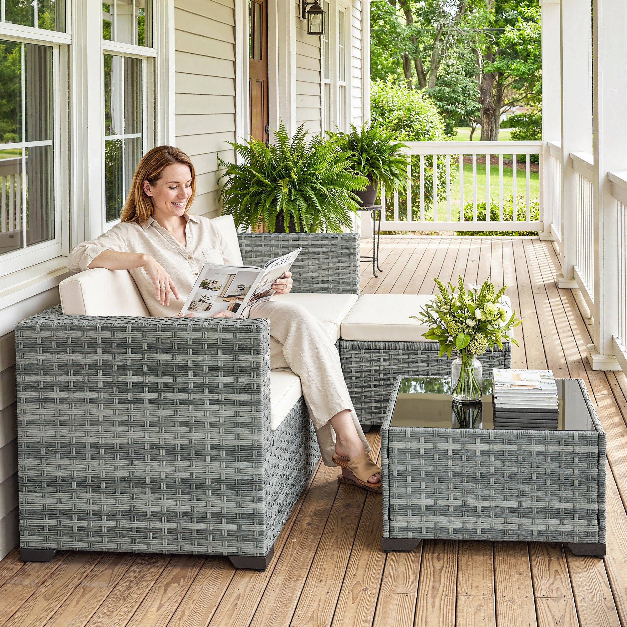 5-Piece PE Rattan Patio Lounge Set with Corner Sofa, Ottoman & Coffee Table, Cushions, Seats up to 4 — Gray & Cream