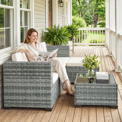 5-Piece PE Rattan Patio Lounge Set with Corner Sofa, Ottoman & Coffee Table, Cushions, Seats up to 4 — Gray & Cream