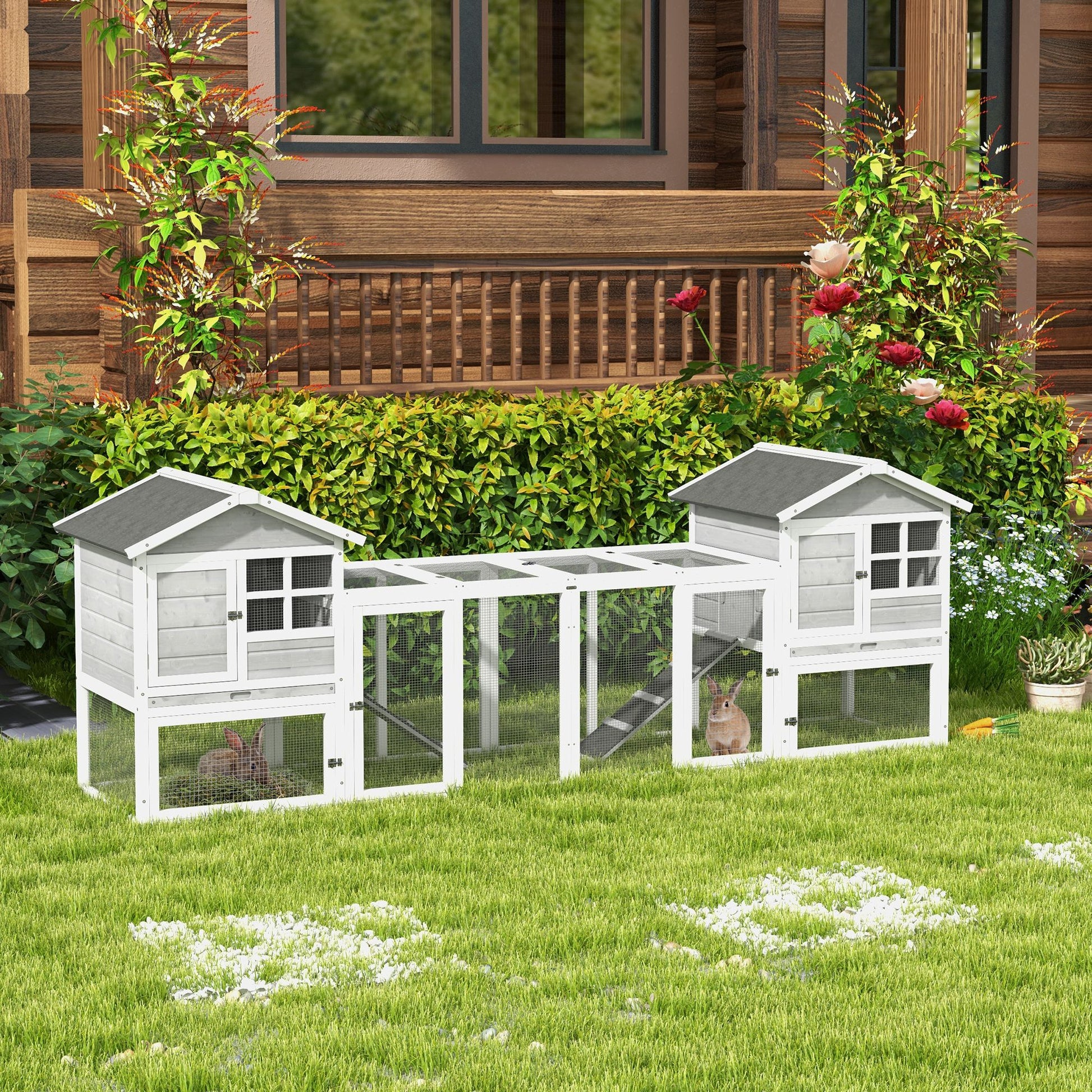 Rabbit Hutch Small Animal Hutch made of Wood Rabbit House with Outdoor Enclosure, Ramp, Small Animal House with Floor Tray, Small Animal Cage for Indoor Outdoor Gray 259 x 64 x 92 cm