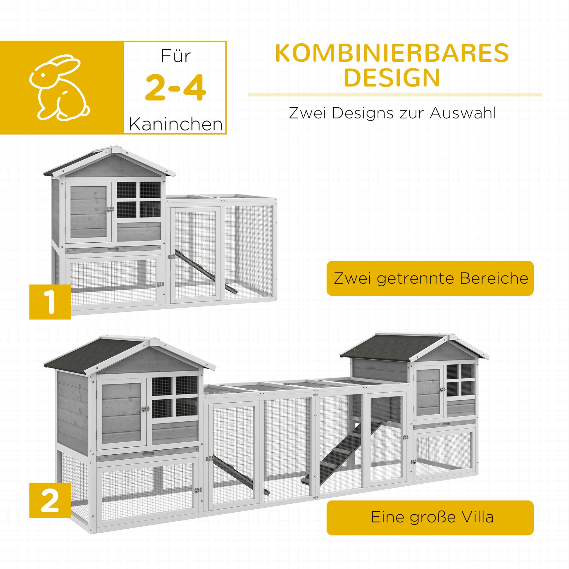 Rabbit Hutch Small Animal Hutch made of Wood Rabbit House with Outdoor Enclosure, Ramp, Small Animal House with Floor Tray, Small Animal Cage for Indoor Outdoor Gray 259 x 64 x 92 cm